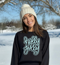 Load image into Gallery viewer, "Holly Jolly" in Teal Puff Print Port & Company® Long Sleeve