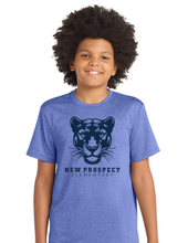Load image into Gallery viewer, NPE - "Go Panthers" PosiCharge T'shirt (Youth &amp; Adult) (White Hex &amp; Heather Royal Blue)
