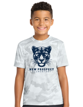 Load image into Gallery viewer, NPE - "Go Panthers" PosiCharge T'shirt (Youth &amp; Adult) (White Hex &amp; Heather Royal Blue)
